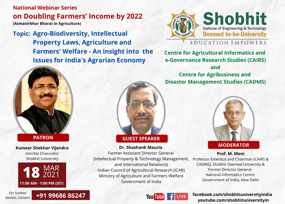 National Webinar Series on Doubling Farmersâ€™ Income by 2022 (Atmanirbhar Bharat in Agriculture) on 18 March, 2021